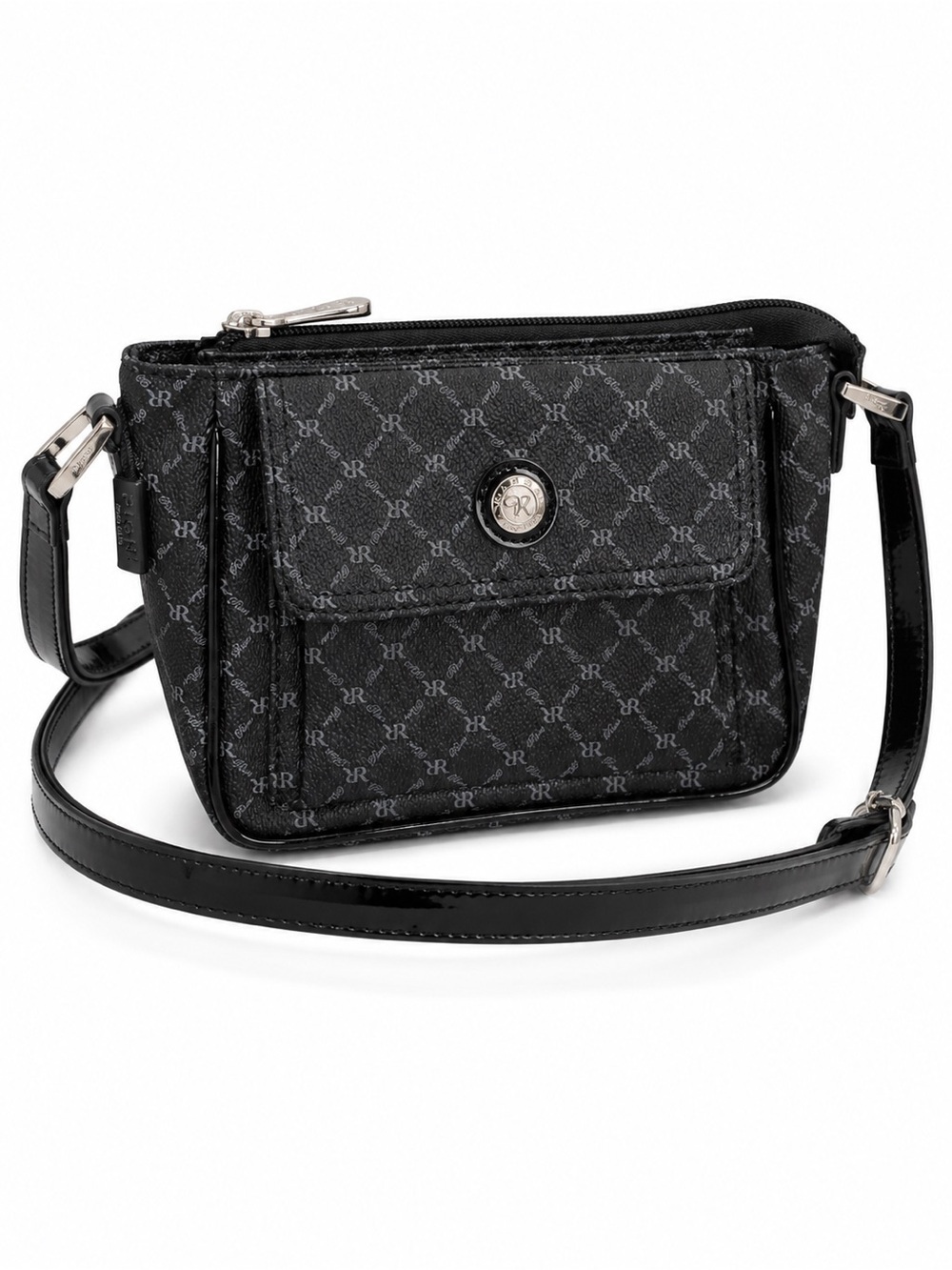 Rioni Nadia Pocket Purse Black Monogram Crossbody NWT Zip Bag Patent Trim